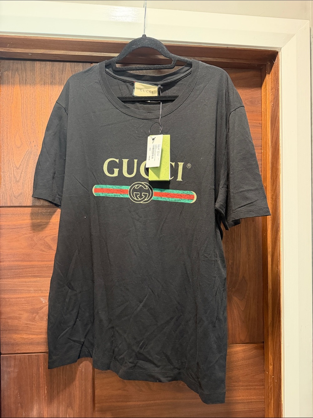 Gucci Black T-Shirt with Red & Green Stripe Logo